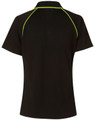 A black short-sleeve polo shirt featuring lime green accents and a logo. The back view highlights the raglan design.