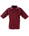 A maroon polo shirt featuring a collar, short sleeves, and white piping, complete with a logo.