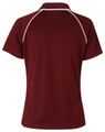 A burgundy short-sleeve polo shirt with a contrasting trim and a logo on the back.