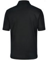 A black men's polo shirt featuring a collar and short sleeves, with a logo on the side.