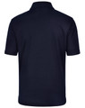 A plain navy blue men's polo shirt featuring a collar and short sleeves, with a logo on the back.