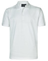 A white polo shirt with a collar and short sleeves, featuring a logo on the neckline.