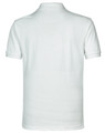 A white men's polo shirt featuring short sleeves and a collar, with a logo on the back.