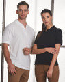 A black polo shirt on a woman and a white polo shirt on a man, both with a logo.