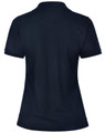 A navy blue ladies’ polo shirt with a classic collar and short sleeves, featuring a logo on the back.