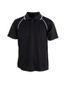 A black polo shirt with white piping and a collar, featuring a logo on the chest.