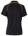 A black polo shirt with short sleeves featuring yellow raglan stitching and a logo on the upper back.