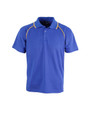 A blue polo shirt with yellow accents and a logo on the front. Short sleeves and a collared design.