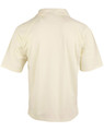A light cream men's cricket polo shirt featuring short sleeves and a collar, with a logo on the fabric.