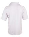 A white short-sleeved polo shirt with a collar, featuring a logo on the back.