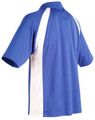 A blue men's polo shirt with white side panels and a collar, featuring a logo on the chest area.