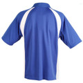 A blue men's polo shirt featuring white side panels and a collar. The shirt has a logo on it.
