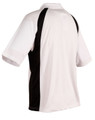 A men's polo shirt featuring a white body with black accents and a logo on the back.
