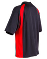A black polo shirt with red side panels and a collar, featuring a logo on the front.