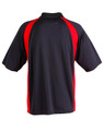 A men's polo shirt featuring a black body with red sleeves and a collar, complete with a logo.