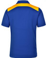 A blue polo shirt featuring an orange-coloured panel across the shoulders, with a logo on the chest.