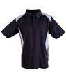 A navy and light blue polo shirt with a collar, short sleeves, and a logo on the chest.