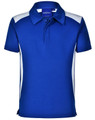A blue children's polo shirt featuring white side panels and a collar, with a branded logo.