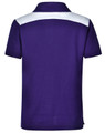 A purple children's polo shirt with a white stripe across the back and a logo.