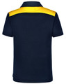 A navy blue polo shirt featuring a yellow accent on the back. It has a collar and short sleeves, with a logo.