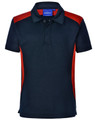 Children's polo shirt in navy with red accents and a logo on the chest. Short sleeves and a collar design.