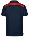 A navy polo shirt with a red shoulder design and a logo on the back. Suitable for children's wear.