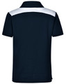 A navy blue children's polo shirt with a white shoulder panel and a logo on the back.