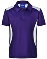 A purple children's polo shirt featuring white accents and a collar, with a logo on the inner label.