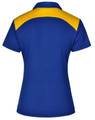 A blue polo shirt with a yellow back and collar. Features a branded logo on the side.