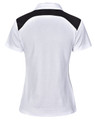 A women's polo shirt in white with black shoulder panels and a logo. Perfect for casual or sporting wear.
