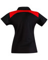 A black polo shirt with red accents, featuring a collar and short sleeves. It has a logo on the back.