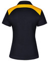 A black ladies' polo shirt with a yellow back panel and a logo on the upper section.