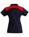 A women's polo shirt in navy blue with a red section at the shoulders and back, featuring a logo.