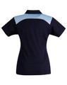 A navy blue polo shirt with light blue accents on the shoulders, featuring a logo.