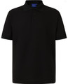A black men's polo shirt featuring a collar, short sleeves, and a button placket. It has a logo on it.