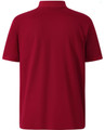 A red men's polo shirt featuring a collar and short sleeves, with a logo on the back.
