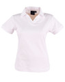 A white ladies' polo shirt with a collar and short sleeves, featuring a logo on the label.