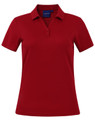 A red women's short sleeve polo shirt with a collar, featuring buttons and a logo.