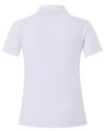 A white short sleeve polo shirt featuring a smooth fabric and a collar, with a branding logo on the back.