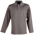 A long sleeve polo shirt in a muted grey colour, featuring a collar and button placket. It has a logo on the chest.