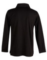 A black long sleeve polo shirt with a collar and a back view. It features a logo.