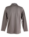 A grey long sleeve polo shirt with a collar, featuring a logo on the back.