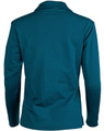 A long sleeve polo shirt in teal, featuring a collar and a logo on the back.