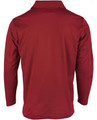 A long sleeve polo shirt in a rich red colour, featuring a collar and a back view, with a logo present.