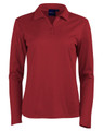 A red long sleeve polo shirt featuring a collar and buttons, with a logo on the chest.
