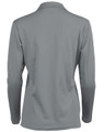 A long sleeve polo shirt in grey, featuring a collar and a logo on the back.