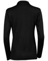 A black long sleeve polo shirt featuring a collar and a smooth fabric finish, with a logo on the back.