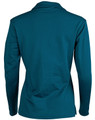 A long sleeve polo shirt in teal with a plain back and a collar. It features a logo on the front.