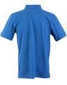 A blue men's polo shirt with a collar and short sleeves, featuring a logo on the back.