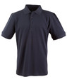 A navy blue men's polo shirt featuring a collared neck and short sleeves, with a logo on the chest.